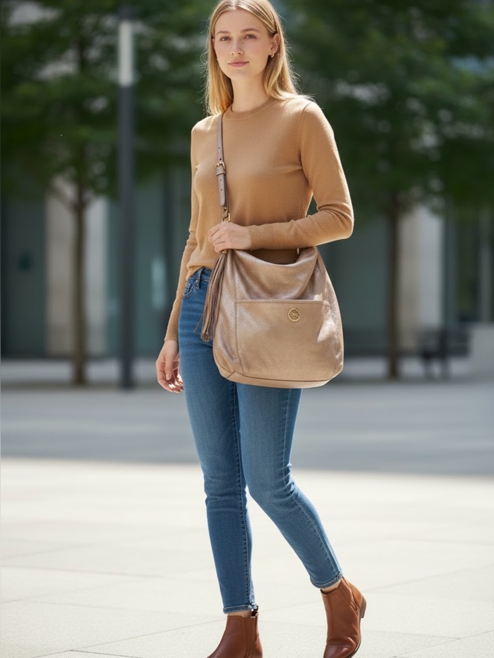 Tory Burch Metallic Taupe Shoulder Hobo with Tassel